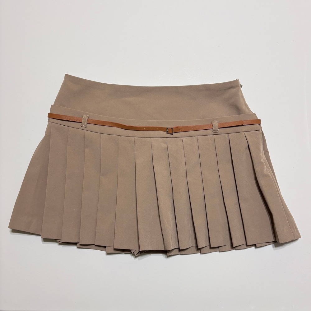 Zara Women Y2K Pleated Mini Skort Size Small Tan Belted Preppy Academia Coquette